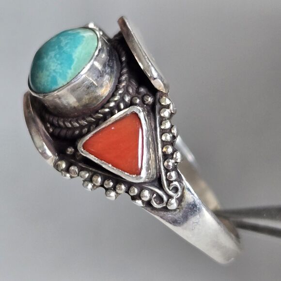 Mens Turquoise Coral 925 Sterling Ring Vintage Tibetan Boho Statement Sz 10.5 - Picture 4 of 12